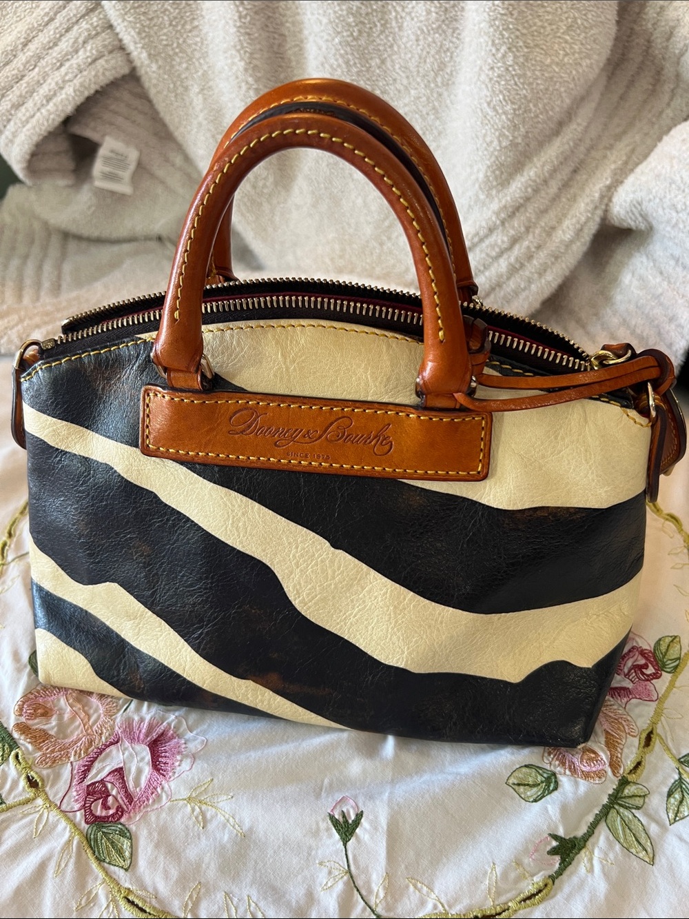 Dooney & Bourke Black and Cream Zebra-Print Satchel with Tan Trim